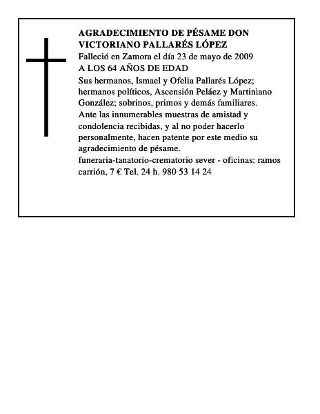 agradecimiento de pésame DON VICTORIANO PALLARÉS LÓPEZ
