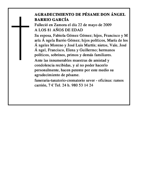 agradecimiento de pésame DON ÁNGEL BARRIO GARCÍA