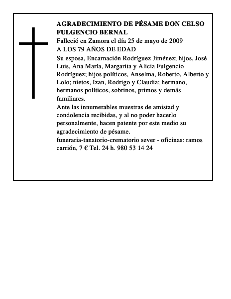 agradecimiento de pésame DON CELSO FULGENCIO BERNAL