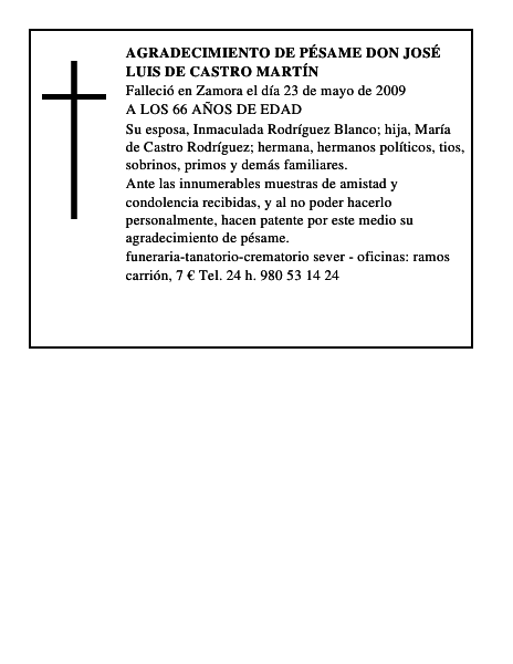 agradecimiento de pésame DON JOSÉ LUIS DE CASTRO MARTÍN