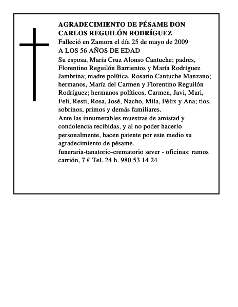 agradecimiento de pésame DON CARLOS REGUILÓN RODRÍGUEZ