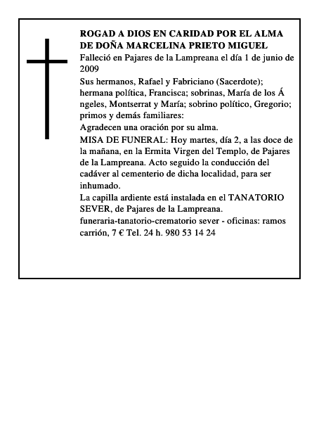 ROGAD A DIOS EN CARIDAD POR EL ALMA DE DOÑA MARCELINA PRIETO MIGUEL