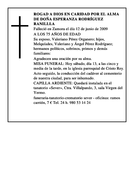 ROGAD A DIOS EN CARIDAD POR EL ALMA DE DOÑA ESPERANZA RODRÍGUEZ RANILLLA