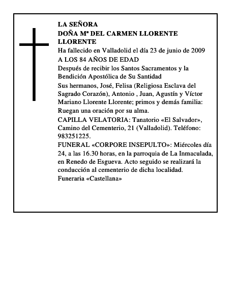DOÑA Mª DEL CARMEN LLORENTE LLORENTE
