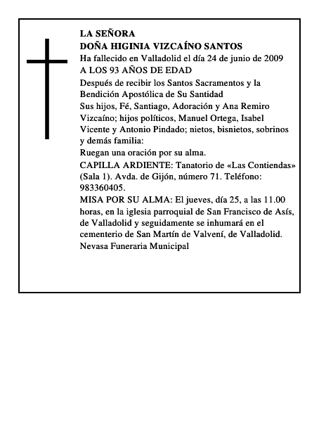 DOÑA HIGINIA VIZCAÍNO SANTOS