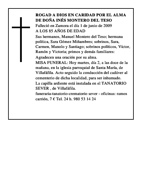 ROGAD A DIOS EN CARIDAD POR EL ALMA DE DOÑA INÉS MONTERO DEL TESO