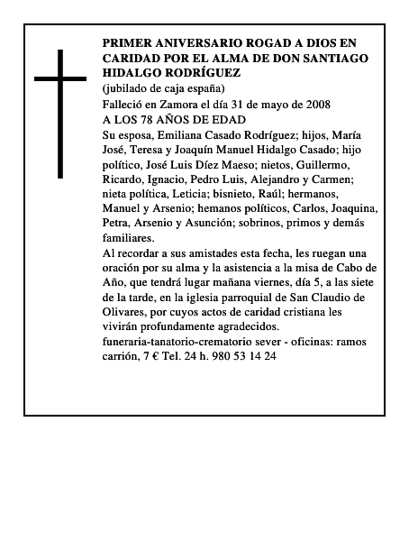 primer aniversario rogad a dios en caridad por el alma de DON SANTIAGO HIDALGO RODRÍGUEZ