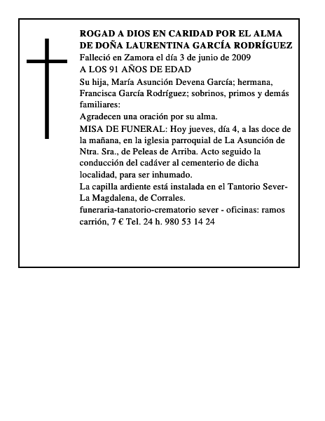 ROGAD A DIOS EN CARIDAD POR EL ALMA DE DOÑA LAURENTINA GARCÍA RODRÍGUEZ