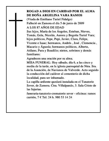 ROGAD A DIOS EN CARIDAD POR EL ALMA DE DOÑA ARGELINA VARA RAMOS