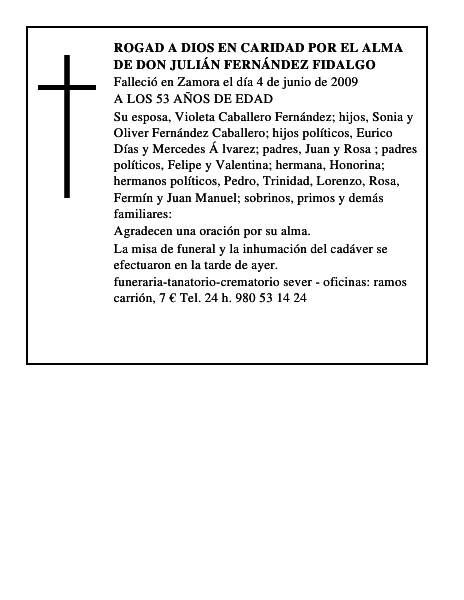 ROGAD A DIOS EN CARIDAD POR EL ALMA DE DON JULIÁN FERNÁNDEZ FIDALGO