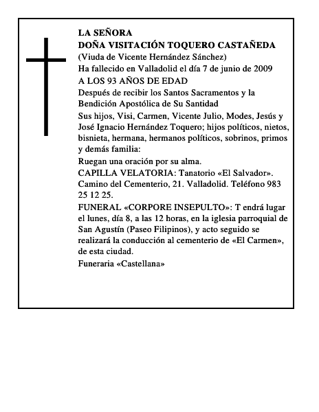 DOÑA VISITACIÓN TOQUERO CASTAÑEDA
