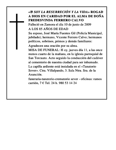 ROGAD A DIOS EN CARIDAD POR EL ALMA DE DOÑA FREDESVINDA FERRERO CALVO