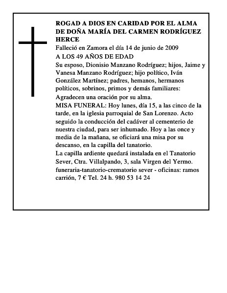 ROGAD A DIOS EN CARIDAD POR EL ALMA DE DOÑA MARÍA DEL CARMEN RODRÍGUEZ HERCE
