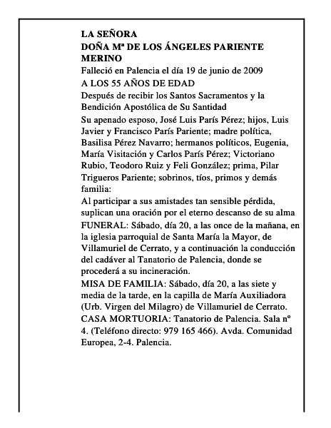 DOÑA Mª DE LOS ÁNGELES PARIENTE MERINO
