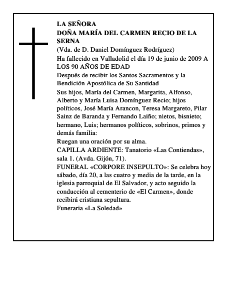 DOÑA MARÍA DEL CARMEN RECIO DE LA SERNA