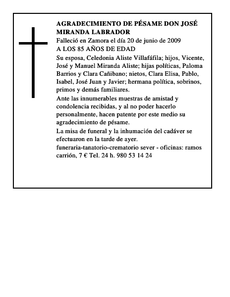 AGRADECIMIENTO DE PÉSAME DON JOSÉ MIRANDA LABRADOR
