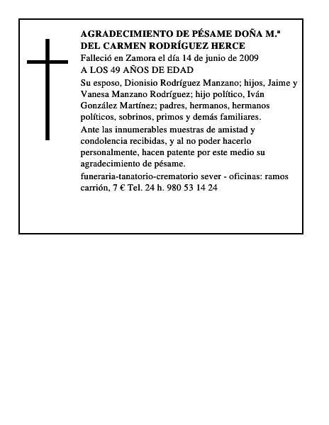 AGRADECIMIENTO DE PÉSAME DOÑA M.ª DEL CARMEN RODRÍGUEZ HERCE