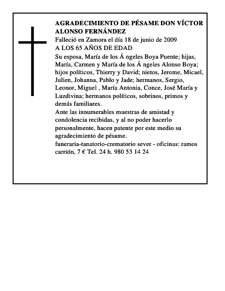 AGRADECIMIENTO DE PÉSAME DON VÍCTOR ALONSO FERNÁNDEZ