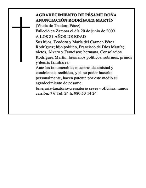 agradecimiento de pésame DOÑA ANUNCIACIÓN RODRÍGUEZ MARTÍN