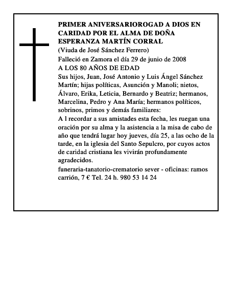 PRIMER ANIVERSARIOROGAD A DIOS EN CARIDAD POR EL ALMA DE DOÑA ESPERANZA MARTÍN CORRAL