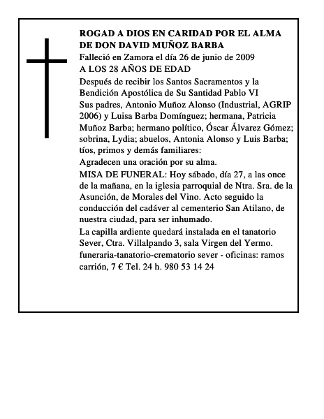 ROGAD A DIOS EN CARIDAD POR EL ALMA DE DON DAVID MUÑOZ BARBA