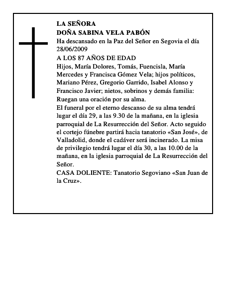 DOÑA SABINA VELA PABÓN