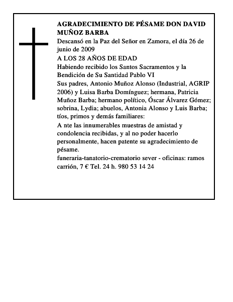 AGRADECIMIENTO DE PÉSAME DON DAVID MUÑOZ BARBA