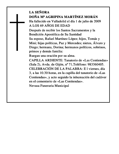 DOÑA Mª AGRIPINA MARTÍNEZ MORÁN