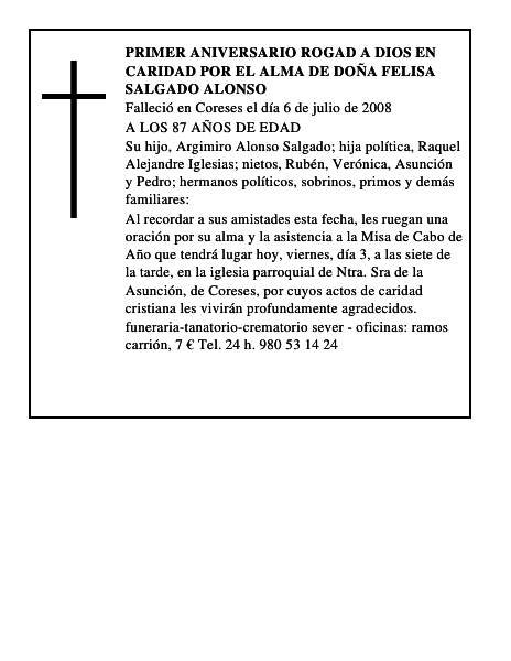 PRIMER ANIVERSARIO ROGAD A DIOS EN CARIDAD POR EL ALMA DE DOÑA FELISA SALGADO ALONSO