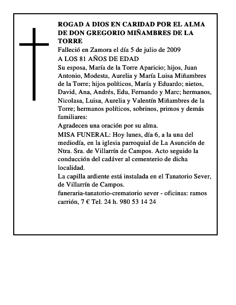 ROGAD A DIOS EN CARIDAD POR EL ALMA DE DON GREGORIO MIÑAMBRES DE LA TORRE