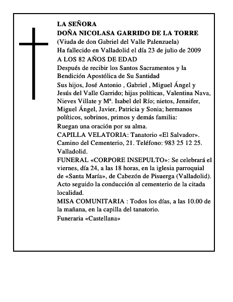 DOÑA NICOLASA GARRIDO DE LA TORRE