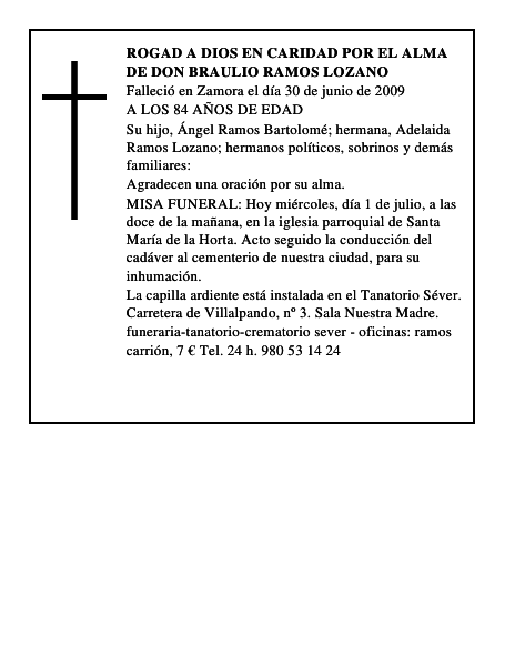 ROGAD A DIOS EN CARIDAD POR EL ALMA DE DON BRAULIO RAMOS LOZANO