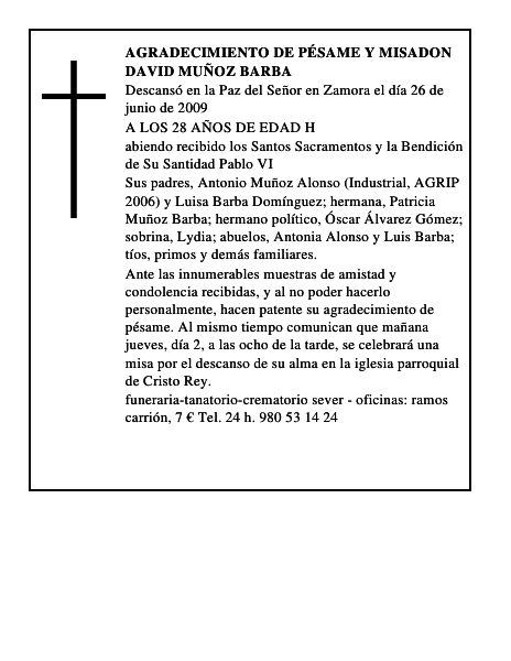 agradecimiento de pésame y misaDON DAVID MUÑOZ BARBA