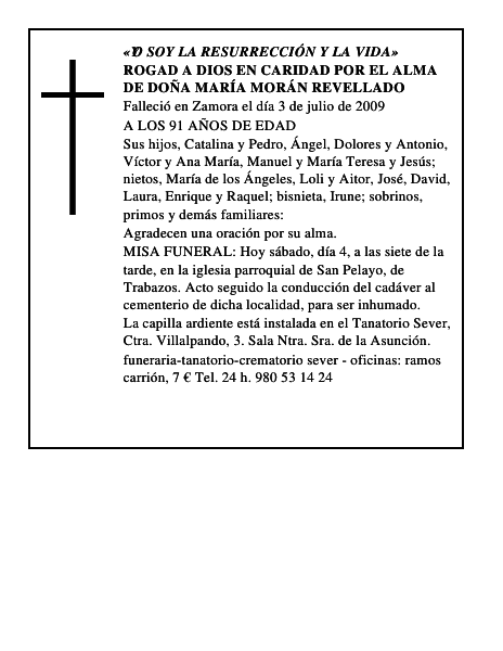ROGAD A DIOS EN CARIDAD POR EL ALMA DE DOÑA MARÍA MORÁN REVELLADO