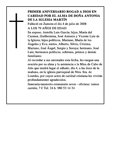 PRIMER ANIVERSARIO ROGAD A DIOS EN CARIDAD POR EL ALMA DE DOÑA ANTONIA DE LA IGLESIA MARTÍN