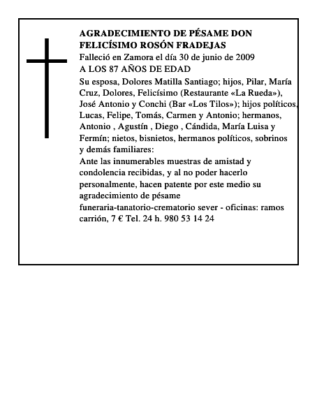 AGRADECIMIENTO DE PÉSAME DON FELICÍSIMO ROSÓN FRADEJAS