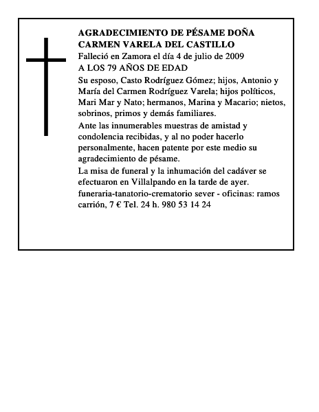 AGRADECIMIENTO DE PÉSAME DOÑA CARMEN VARELA DEL CASTILLO