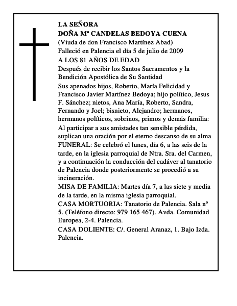 DOÑA Mª CANDELAS BEDOYA CUENA