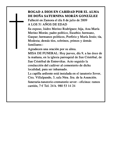 ROGAD A DIOS EN CARIDAD POR EL ALMA DE DOÑA SATURNINA MORÁN GONZÁLEZ
