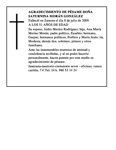 AGRADECIMIENTO DE PÉSAME DOÑA SATURNINA MORÁN GONZÁLEZ