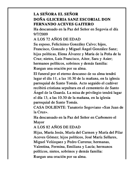 DOÑA GLICERIA SANZ ESCORIAL DON FERNANDO ACEVES GAITERO