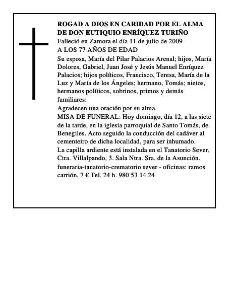 ROGAD A DIOS EN CARIDAD POR EL ALMA DE DON EUTIQUIO ENRÍQUEZ TURIÑO