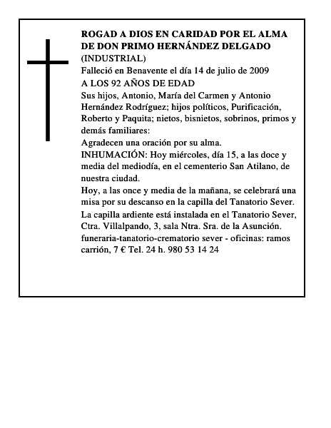 ROGAD A DIOS EN CARIDAD POR EL ALMA DE DON PRIMO HERNÁNDEZ DELGADO