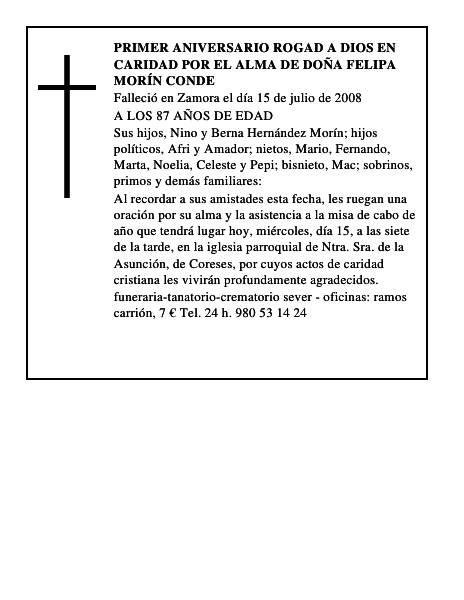PRIMER ANIVERSARIO ROGAD A DIOS EN CARIDAD POR EL ALMA DE DOÑA FELIPA MORÍN CONDE