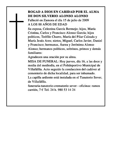 ROGAD A DIOS EN CARIDAD POR EL ALMA DE DON SILVERIO ALONSO ALONSO