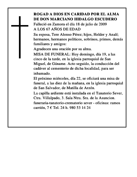 ROGAD A DIOS EN CARIDAD POR EL ALMA DE DON MARCIANO HIDALGO ESCUDERO