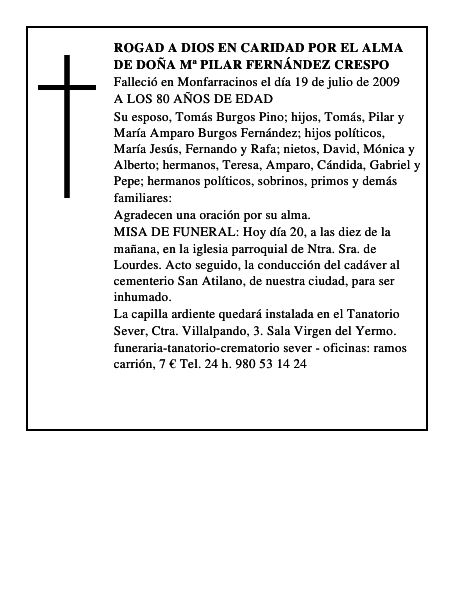 ROGAD A DIOS EN CARIDAD POR EL ALMA DE DOÑA Mª PILAR FERNÁNDEZ CRESPO