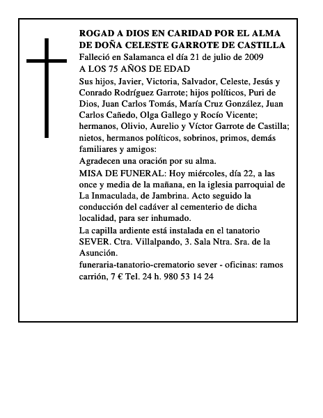 ROGAD A DIOS EN CARIDAD POR EL ALMA DE DOÑA CELESTE GARROTE DE CASTILLA