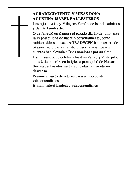 AGRADECIMIENTO Y MISAS DOÑA AGUSTINA ISABEL BALLESTEROS