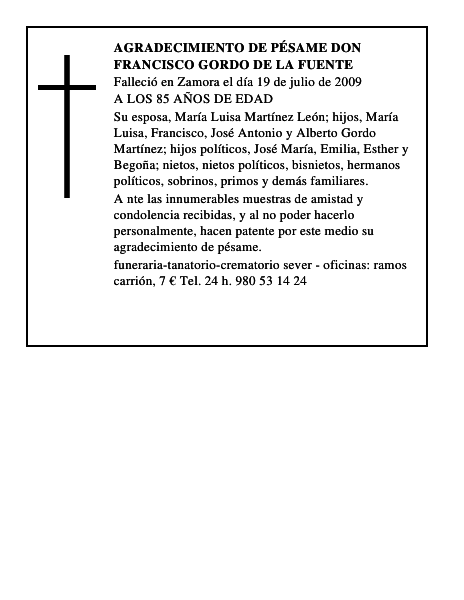 AGRADECIMIENTO DE PÉSAME DON FRANCISCO GORDO DE LA FUENTE